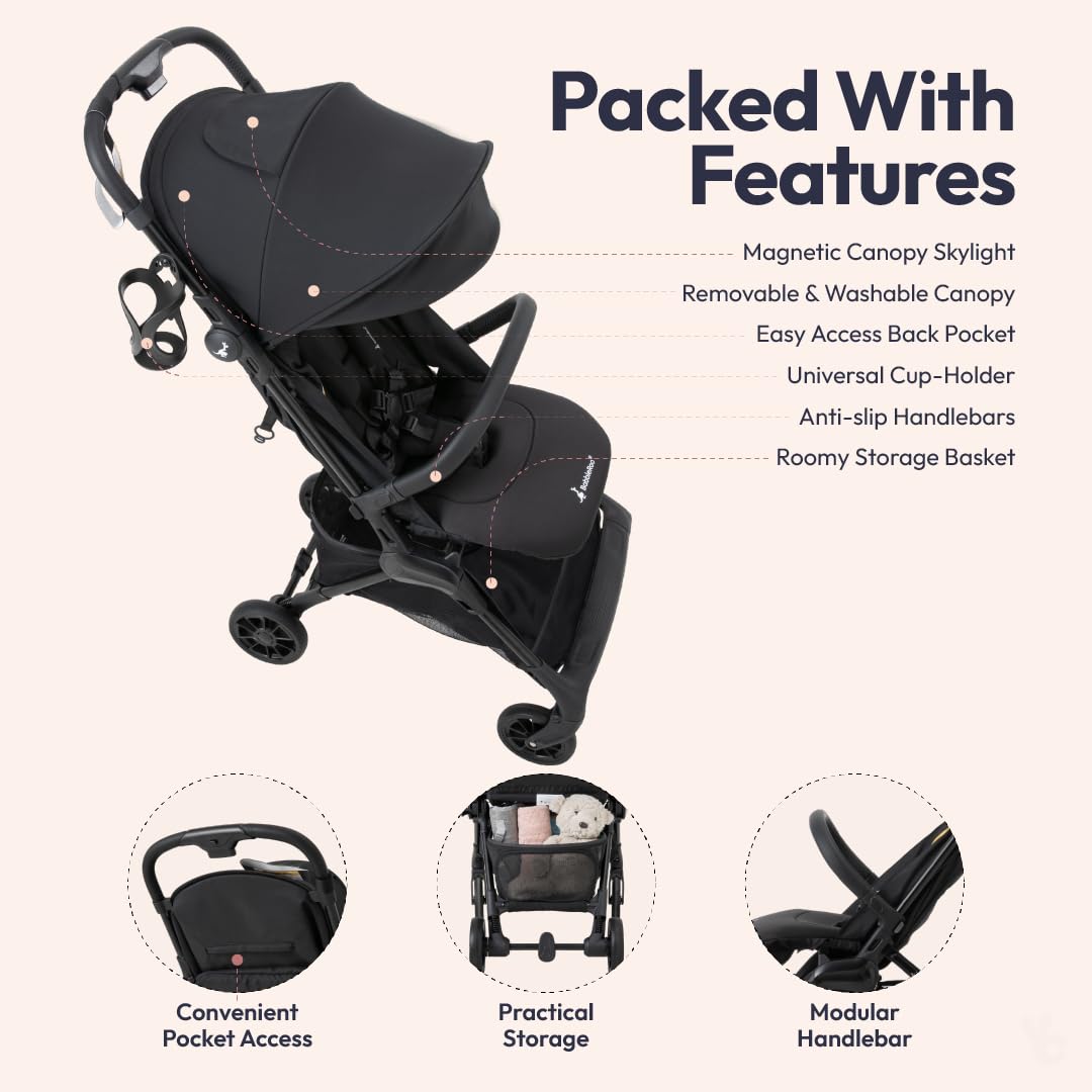 BabbleRoo Hoplite Compact Stroller – Lightweight Travel Stroller for Airplane (12.3 lbs), Newborn to 55 lbs, Easy Fold, PU Wheels, Alloy Frame, Near-Flat Recline, Raincover, Cup Holder, Baby Stroller