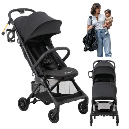 BabbleRoo Hoplite Compact Stroller – Lightweight Travel Stroller for Airplane (12.3 lbs), Newborn to 55 lbs, Easy Fold, PU Wheels, Alloy Frame, Near-Flat Recline, Raincover, Cup Holder, Baby Stroller