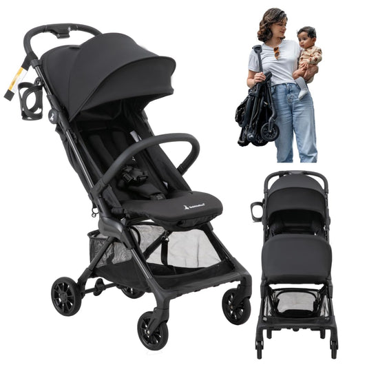 BabbleRoo Hoplite Compact Stroller – Lightweight Travel Stroller for Airplane (12.3 lbs), Newborn to 55 lbs, Easy Fold, PU Wheels, Alloy Frame, Near-Flat Recline, Raincover, Cup Holder, Baby Stroller