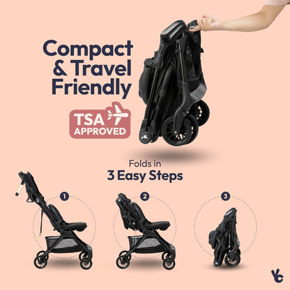 BabbleRoo Hoplite Compact Stroller – Lightweight Travel Stroller for Airplane (12.3 lbs), Newborn to 55 lbs, Easy Fold, PU Wheels, Alloy Frame, Near-Flat Recline, Raincover, Cup Holder, Baby Stroller